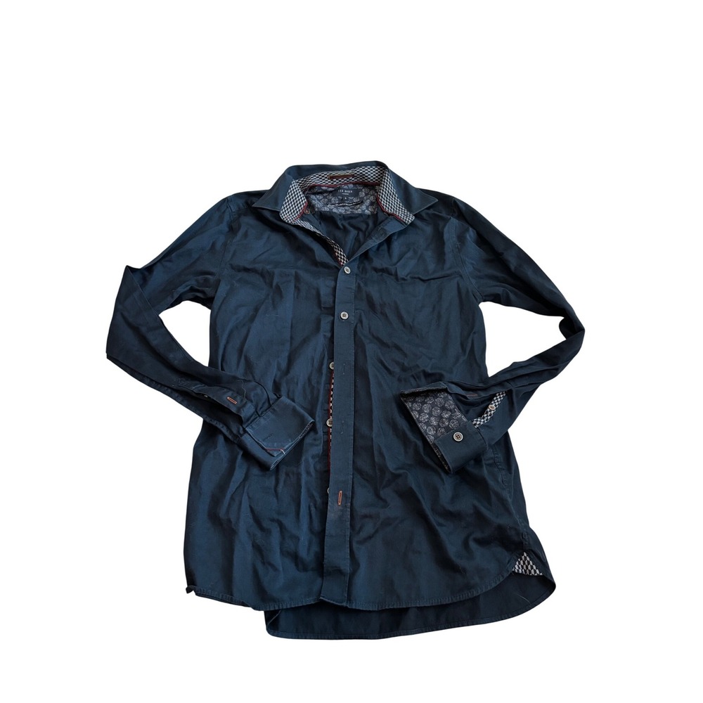 Ted Baker Button Down Shirt 3 M Navy Blue Long Sleeve Patterned Trim Stretch